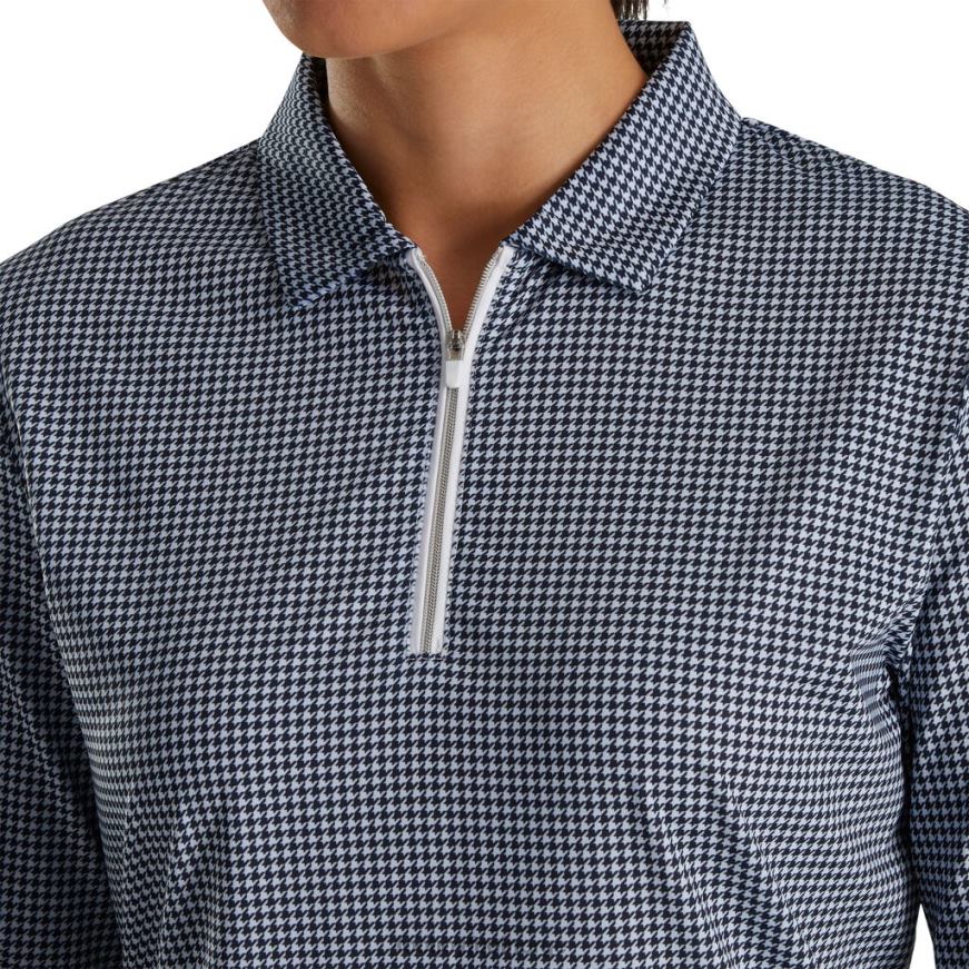 solbeskyttelsesskjorte med marineblå houndstooth-trykk for kvinner R6P2F2376 marineblå tøffetrykk Footjoy